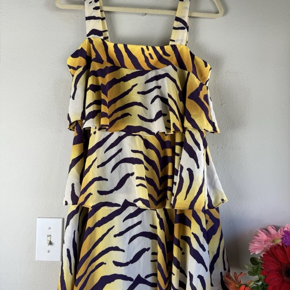 Adrienne Yellow, Purple & White Tiered Zebra-Print Mini Dress with Wide Straps